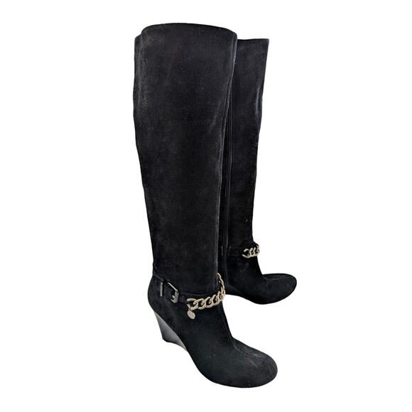 BCBGENERATION! MERRY BLACK SUEDE LEATHER WEDGE HEELS CHAINED BOOTS! SZ 7.5B - Picture 2 of 11